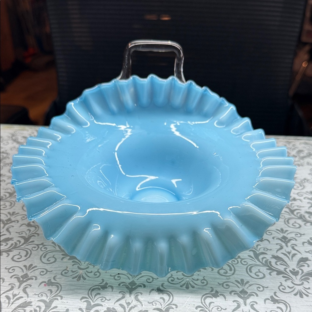 MCM 1950’s Fenton Blue Glass Ruffled Edge Bowl